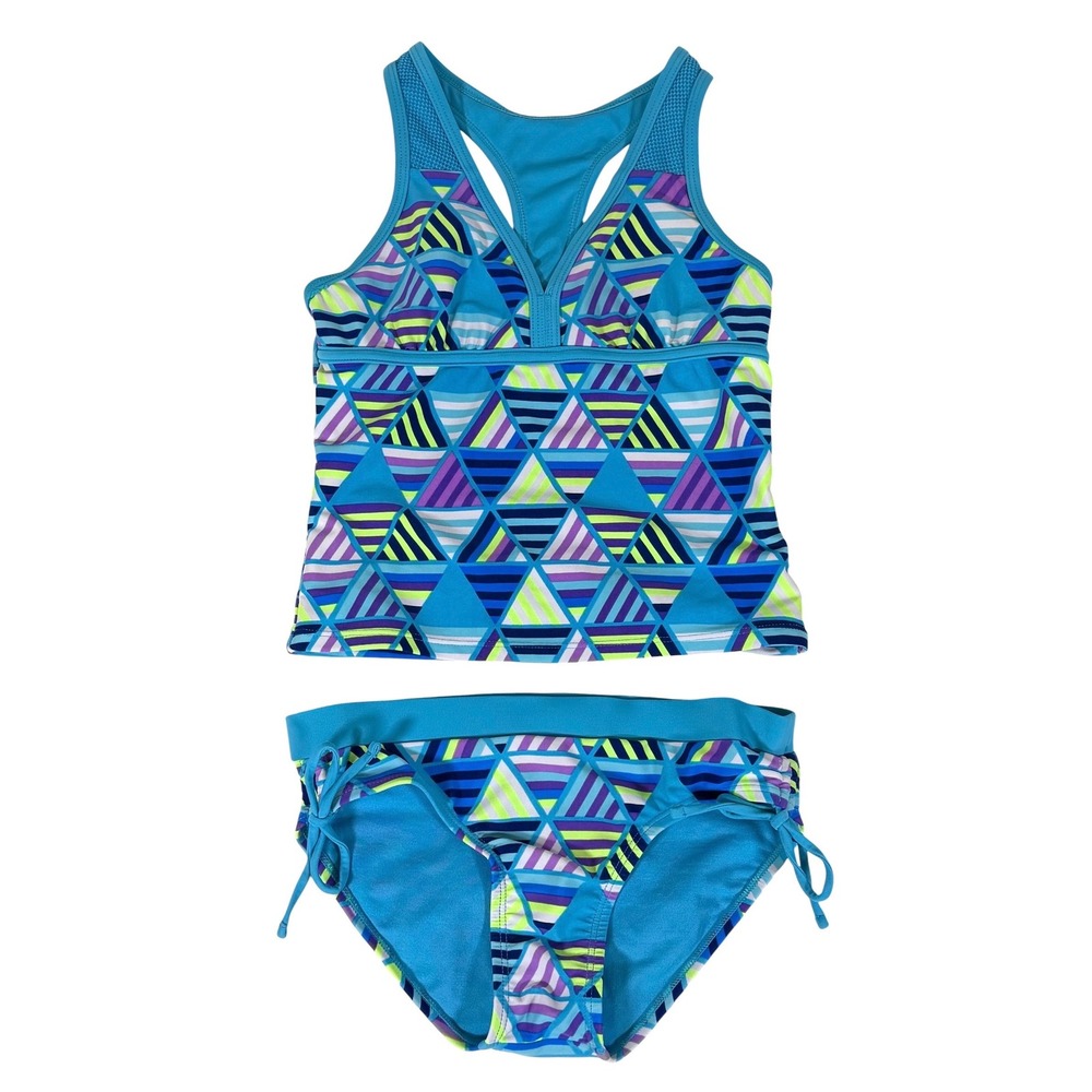 Justice Girls Blue Geometric Triangle Racerback Tankini Two Piece Swimsuit Sz 10